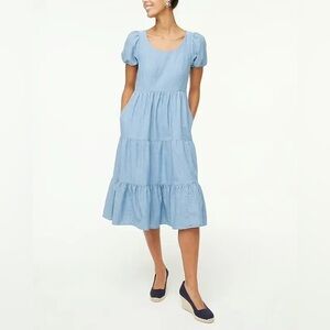 J. Crew Factory Chambray Tiered Puff Sleeve Midi Denim Dress